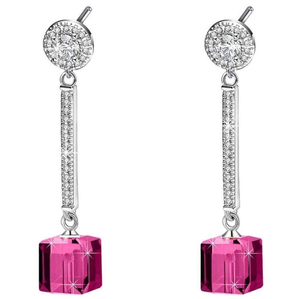 .925 Sterling Silver with Fuchsia Austrian Crystal Dangling Cube Post Earrings